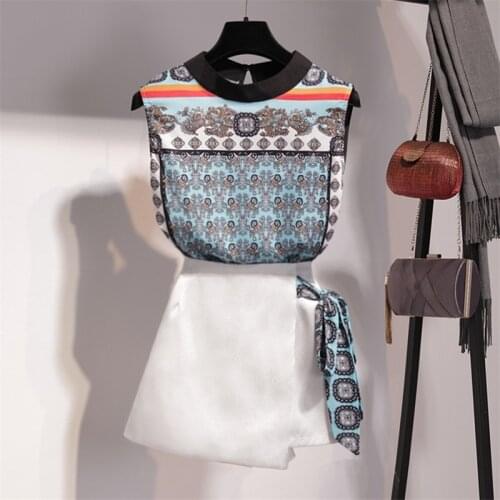 2021 Summer 2 pieces skirts suits vintage printed blouse shirts tops + Irregular skirts set Women two piece set