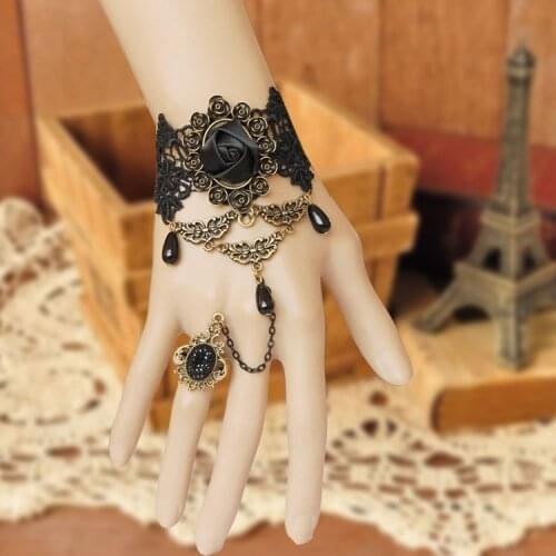 Women Masked Ball Accessories Retro Charm The Queen Fashion Victorian Dress Costume Gothic Black Gold Rose Lace Lolita Bracelet