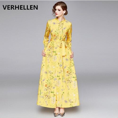 VERHELLEN High Quality Fashion Runway Maxi Dress 2020 Spring Womens Long Sleeve Bow Tie Floral Print Elegant Holiday Long Dress