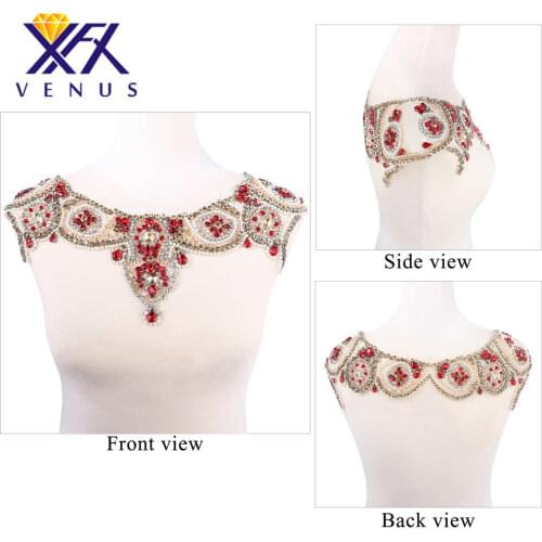 1 pc handmade ruby beaded pearls crystal patches mesh rhinestone applique neckline motif stunning for evening gown bridal dress