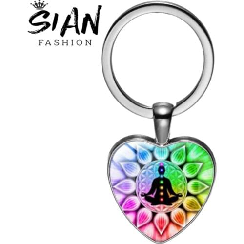 SIAN Seven Chakra Theme Art Style Key Chain Pendant Glass Dome Heart Keyring Handbag Charm Souvenir Gift or Car Keychain Trinket