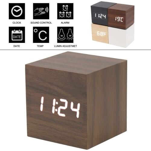 Alarm Clock LED Wooden Watch Table Voice Control Digital Wood Temperature Digital Bamboo Square Table Desktop Clocks