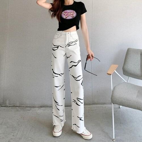 Summer Casual Zebra Pattern Design Sense Large Size Jeans Womens Trend INS Personality Wild Wide-Leg Trousers With Raw Edges