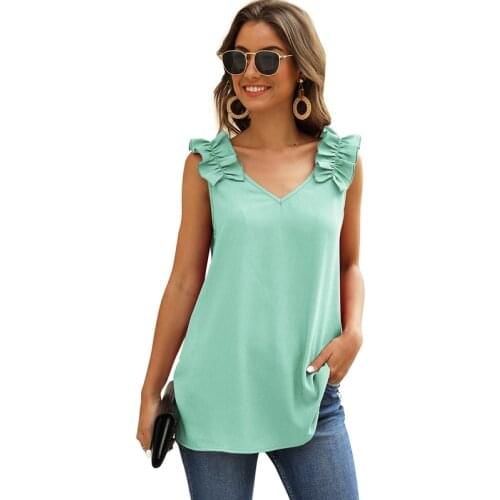Elegant Sleeveless T-shirt Tops Women Fashion Loose Frilled Side Camisole Sexy V-neck Tee Ladies Casual Plus Size Tank Top