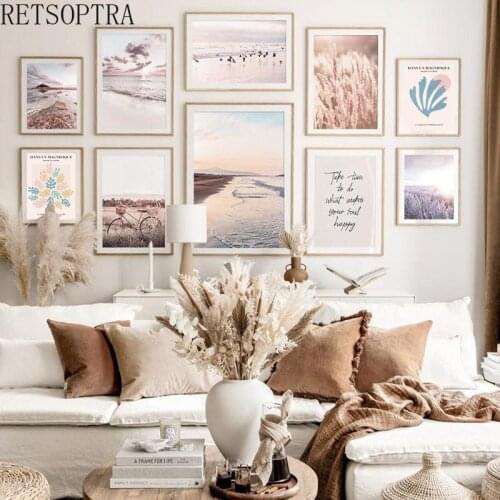 Nordic Modern Style Sweet Seascape Canvas Prints Painting Pink River Seabird Bicycle Poster Living Room Decor Natural View