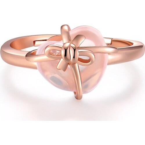 Ociki Rose Gold Color Cute Sweet OL Ross Quartz Crystal Pink Opal Rings Heart Jewelry Wholesale for Women Girls Drop Shipping