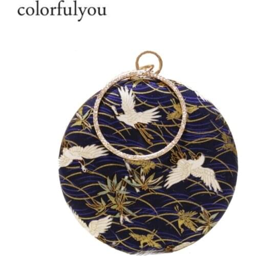 Circular Women handbag Metal ring handle tote bags fashion vintage Printing chain shoulder bag Small Purse Party clutch bags