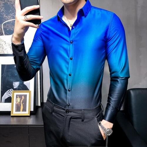 2020 Autumn Business Men Dress Shirt Fashion Long Sleeve Slim Fit Gradient Color Formal Wear Camisa Masculina