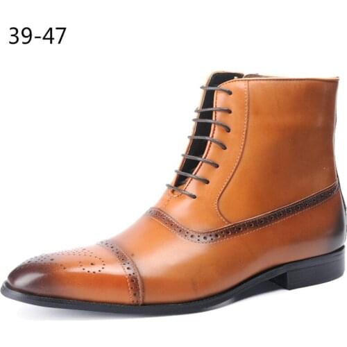 Men Boots Leather Side Zipper Lace Up Men High Top Brogue Shoes Man Oxfords European Leather Boots Men Zapatos De Hombre 39-47