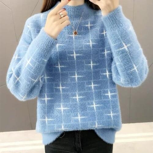 Mink Cashmere Print Autumn Winter Knitted Sweater Basic Shirts Korea Style Sweet Girls Casual Sweater Women Pullover Sweater