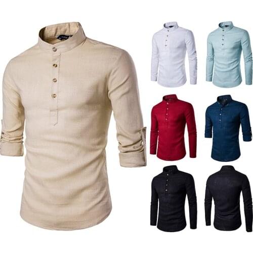 Autumn new men casual fashion pullover long sleeved shirts plus size solid color Retractable sleeve cotton linen shirt