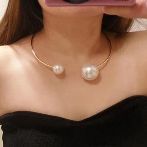 Double Simulated-Pearl Open Choker Necklace For Ladies Elegant Cuff Collar Necklace Statement Torques Party Jewelry