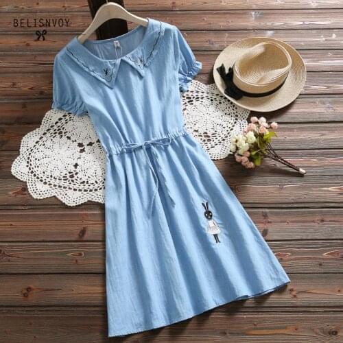 Japanese Mori Girl Summer Women Cute Dress Washed Denim Cotton Lace Up Vestidos Rabbit Embroidery Elegant Kawaii Sweet Dresses