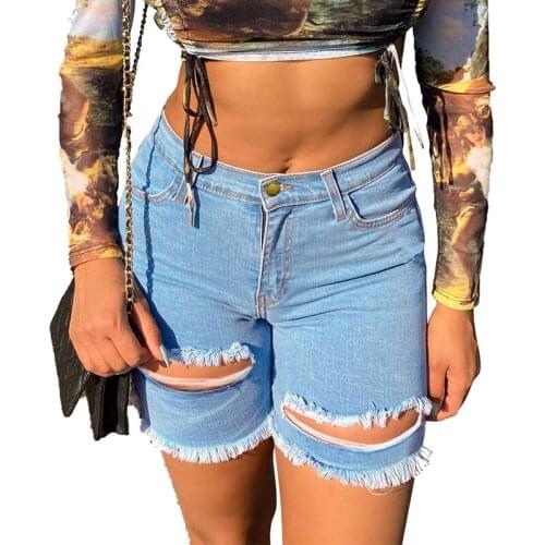 Plus Size S-3XL Women Summer Shorts Jeans Hole Destroyed Draped Skinny Ripped Zipper Fly Jeans Streetwear Club Denim Shorts