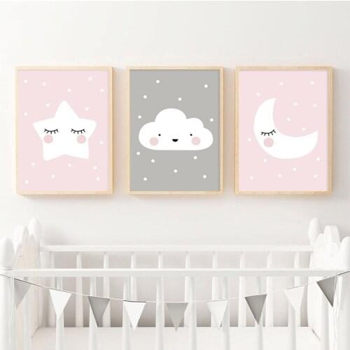 Pink Moon Clouds Star Decorative Canvas Painting Wall Art Posters For Children Room Decoration Home Decor