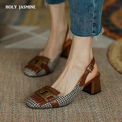 2021 Ladies Sandals Metal Chain Slingback Sqaure Toe Mixed Sandals Retro Women Genuine Leather Summer Sandals Chunky Heels Shoes