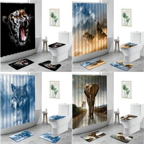 Ferocious Wild Animal Shower Curtains Lion Tiger Elephant Wolf 3D Print Bathroom 4-Piece Non-Slip Bath Mat Toilet Cover Carpet