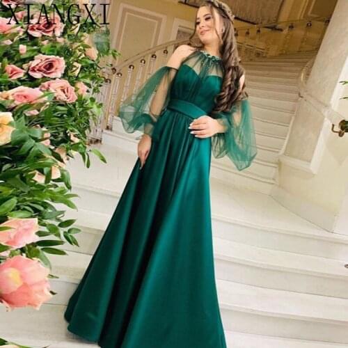 Dark Green Long Evening Prom Dresses 2020 New Hunter A Line Women Formal Dress Puffy Tulle Long Sleeves Vintage Party Gowns