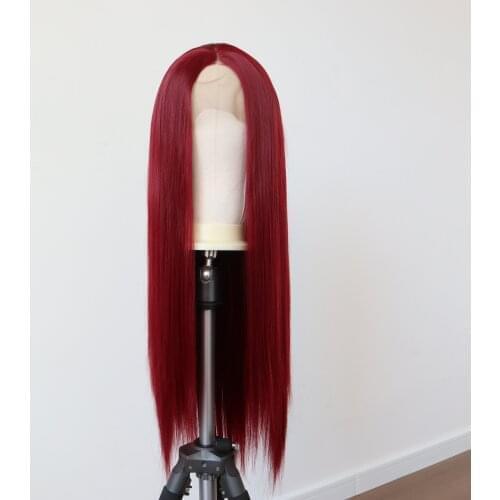 Wine Red Synthetic Wigs for Women Heat Resistant Fiber Hair Straight Lace Frontal Womens Long Wigs
