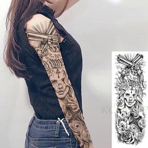 Waterproof Temporary Tattoo Sticker Big Cross Double Guns Girl Rose Playing Card Full Arm Fake Tatto Flash Tatoo for Men Women