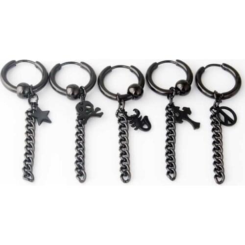 1PC Punk Skeleton Star Stainless Steel Hoop Earrings With Pendant Women Men Cute Cross Bead Tassels Small Ear Hoop Jewelry E346