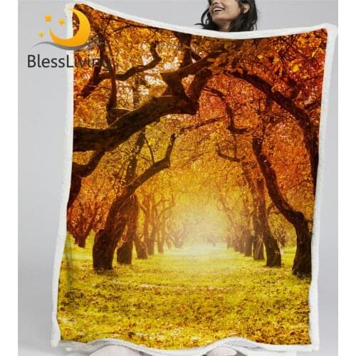 BlessLiving Leaf Sherpa Fleece Blanket Autumn Trees Plush Blanket 3D Print Fall Blankets For Beds Park Golden Scenery Bedspreads