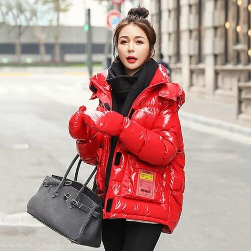 Shiny Down Jacket Women Outerwear New Winter Jacket Female Short Parka Coat Loose Warm Hooded White Duck Down Jacket Overcoat