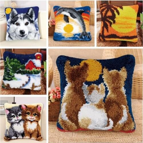 Scenery Set Latch Hook Pillow Embroidery Sunset Animal Rug Kits Diy Cross Handcraft Crochet Hook Embroidery For Felting