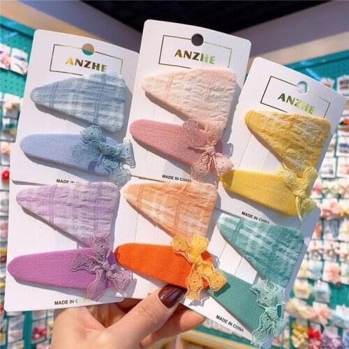 2021 New Korea Sweet Girl Lace Bow Water Drop Hairpin Fashion Childrens Lattice Fabric Triangle BB Clip Kids Hair Accessories