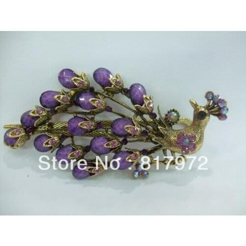 Elegant purple bead resin shining crystal carved peacock pin stick barrette hair slide clip woman gift