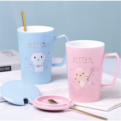 European Ceramic Cute Cartoon Couple Coffee Mug with Lid and Spoon Breakfast Milk Mug Office Water Tea Cup Drinkware 420ML
