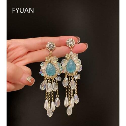 FYUAN Blue Water Drop Crystal Earrings for Women Long Tassel Pearl Dangle Earrings Statement Jewelry