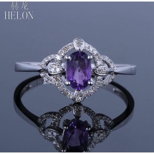 HELON Solid 14K White Gold Oval 4x6mm Genuine Natural Amethyst Diamonds Engagement Wedding Ring Women Fine Jewelry Diamond Ring