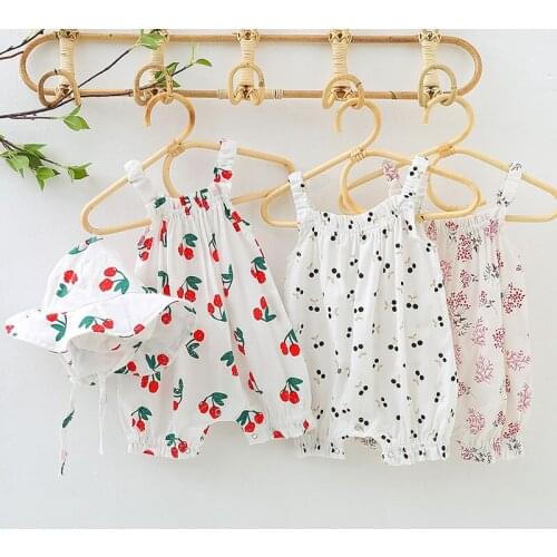 Baby Boys Girls Rompers Sleeveless Printing Jumpsuit Clothes + Hat Summer Baby Boys Girls Rompers Kids Clothes Rompers
