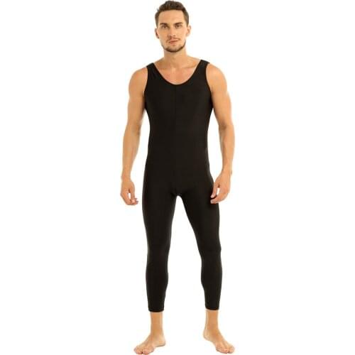 Mens Adults Well Fit One Piece Bodysuit Jumpsuit Tight Scoop Neck Sleeveless Skin-Tight Solid Color Vest Unitard Dancewear