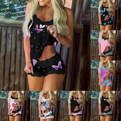 Spaghetti Strap Lace Pajama Set Sleeveless Trim Bowknot Pyjamas Sleep Shorts Set Lace Pijama Suit Sleepwear Women Sexy Nighties