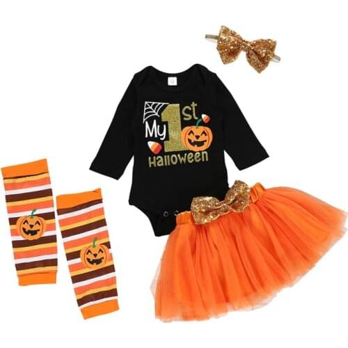 Baby Halloween Costume Boy Girl Outfit Pumpkin Tutu Dress Romper Bodysuit Jumpsuit Headband Toddler Shoes Set New Arrival