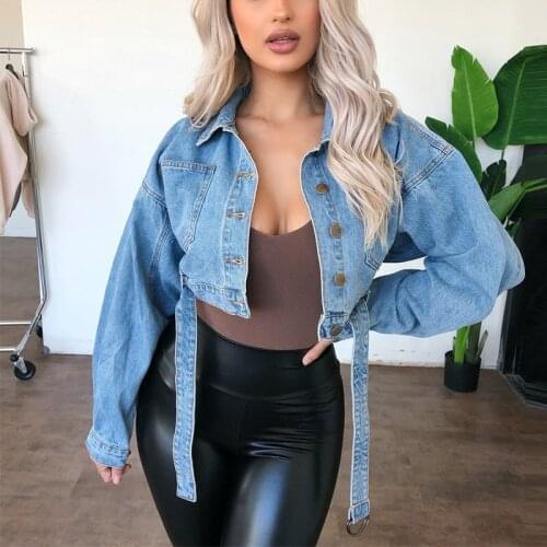 Womens Casual Denim Jacket Solid Color Long Sleeve Lapel Single-breasted Loose Crop Top Jean Coats 2021 Fall Female Streetwear