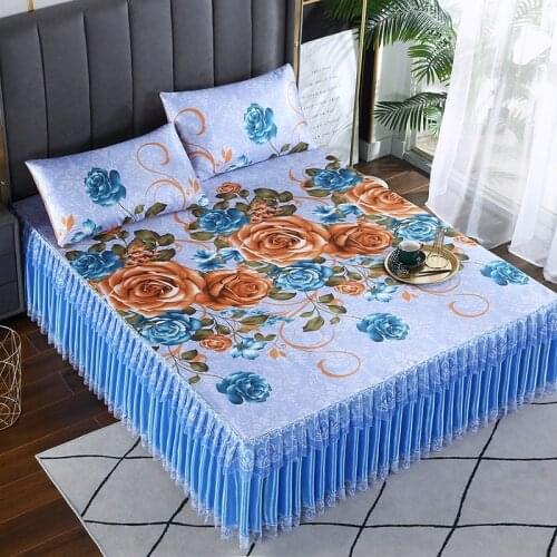 Summer Cool Bed Sheets Luxury Bed Skirts Printing Bedspreads Queen King Size Fitted Bed Sheet Home Textiles with Pillowcases