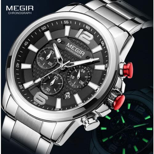 MEGIR Men Watches 2020 Luxurry Sport Quartz Watch Man 3Bar Waterproof Luminous Chronograph Wristwatch Stainless Steel Strap Male