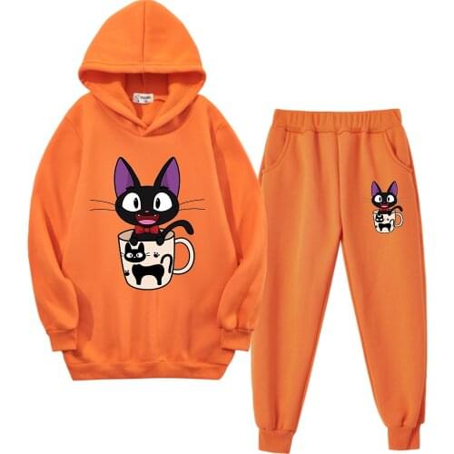 Cute cat cartoon print fashion childrens clothing sweater pants suit teenager girls sports leisure spring and autumn suit