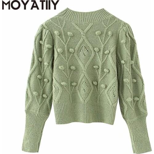 MOYATIIY Fashion Women Sweaters Winter Autumn Thick Warm Soft Pullovers with Fluff Ball Decorate Lantern Sleeve Female Tops