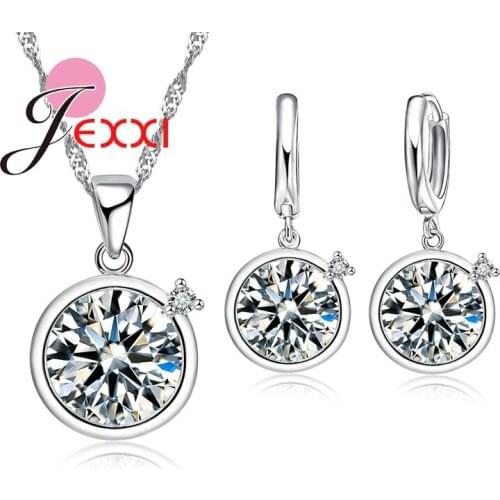 Trendy Creative Round Cubic Zircon Crystal Silver Pendant Necklace Dangle Earrings Jewellery Sets For Women