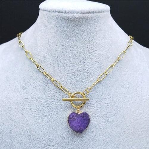 Stainless Steel Purple Natural Stone Choker Necklaces Women/Men Gold Color Chain Necklaces Jewelry collier coeur ND58S04