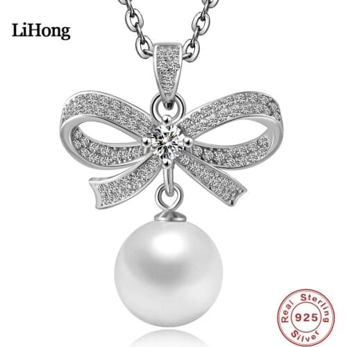 Charm Jewelry 925 Sterling Silver Bowknot Necklace Wedding Jewelry Pearl Pendant