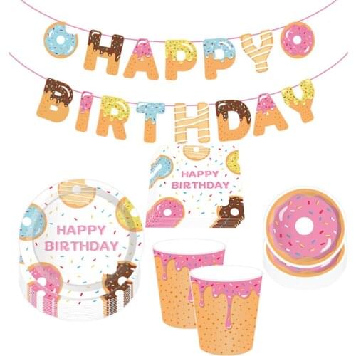 1Set Donut Party Disposable Paper Plates Cups Holder Napkins Banner Balloon Baby Shower Kids Birthday Party Decoration Supplies
