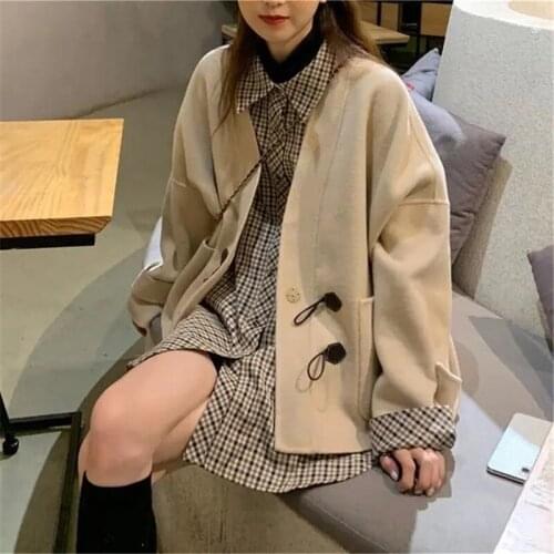 Hstar Korean Style Loose All-Match Button Pocket Coat Plaid Shirt Autumn Winter Vintage Elegant Harajuku Women Streetwear