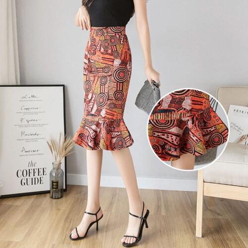 Plus Size 5xl Womens Mermaid Skirt Casual Print High Elastic Big Size 4xl Skirt Korean Office Women Sexy Midi Skirts Jupe Femme