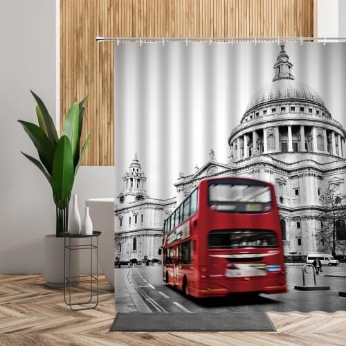 England Retro Architecture Red Bus Shower Curtain Telephone Booth Poster London Theme Waterproof Bathroom Bath Curtain With Hook