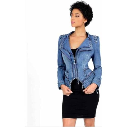 2019 Fashion Plus size S-6XL Rivet Zipper Denim Jacket Women Slim Motorcycle Jeans Outerwear Female Short Coat There lining G408